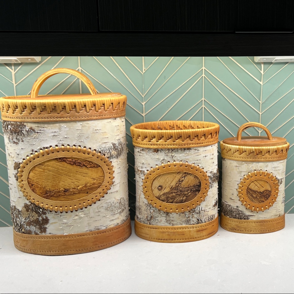 Handcrafted 3 Rustic White Birch Bark Storage Basket Containers Mountain